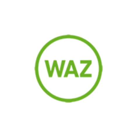 Grünes WAZ-Logo mit rundem Rahmen auf weißem Hintergrund.