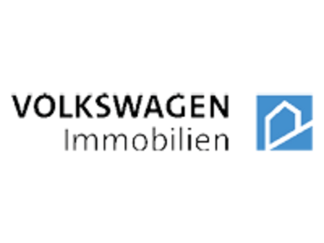 Logo von Volkswagen Immobilien mit stilisiertem Haus in blauem Quadrat.